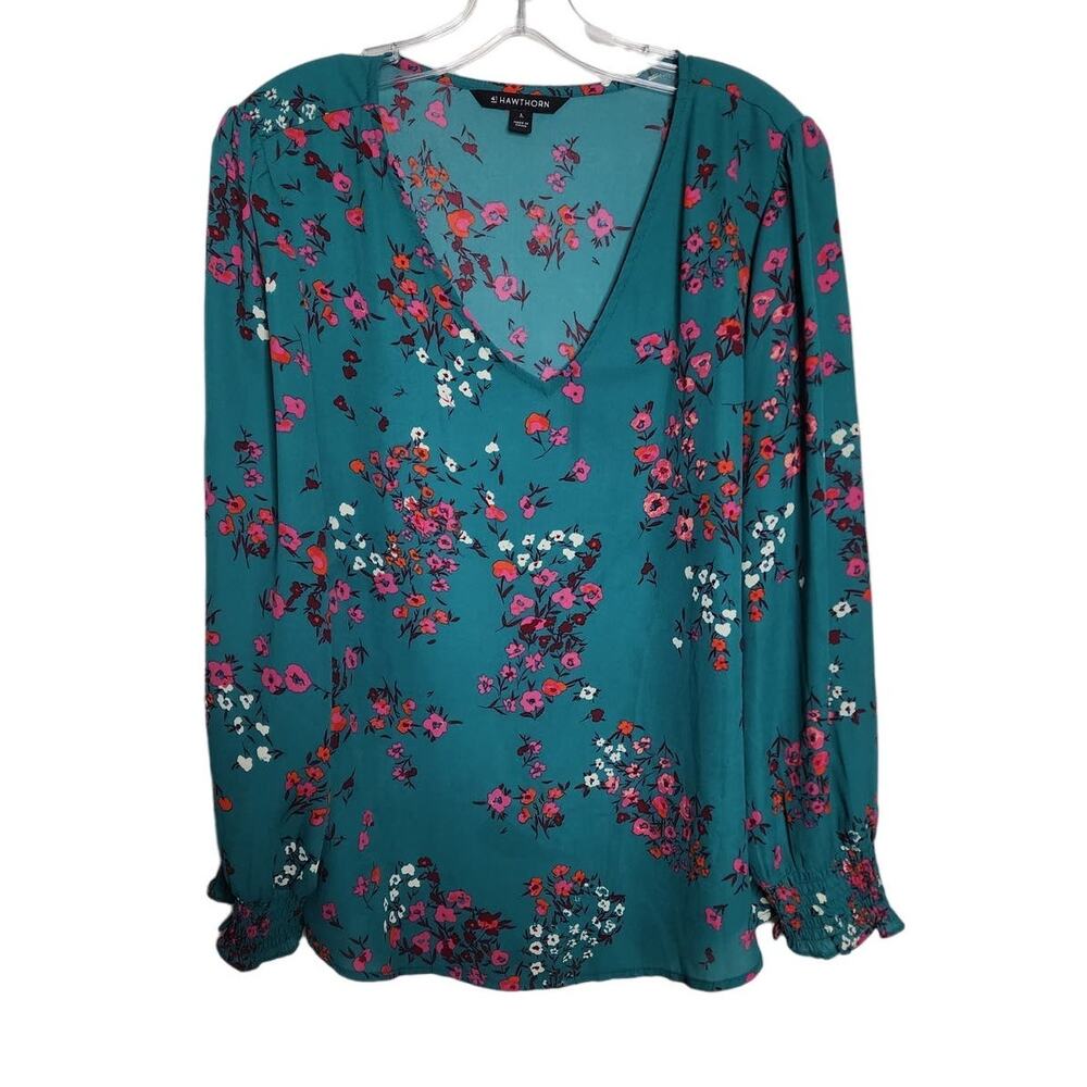 41Hawthorn Green Floral V-Neck Blouse, Large